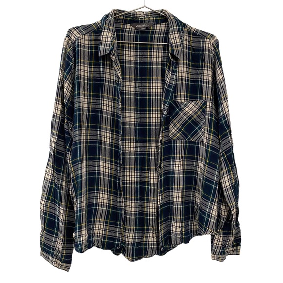 Eddie Bauer Blue Green & White Viscose Plaid Button Down Long Sleeve Blouse - Picture 1 of 10